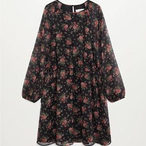 Mango Black Floral Long Sleeve Mini Dress